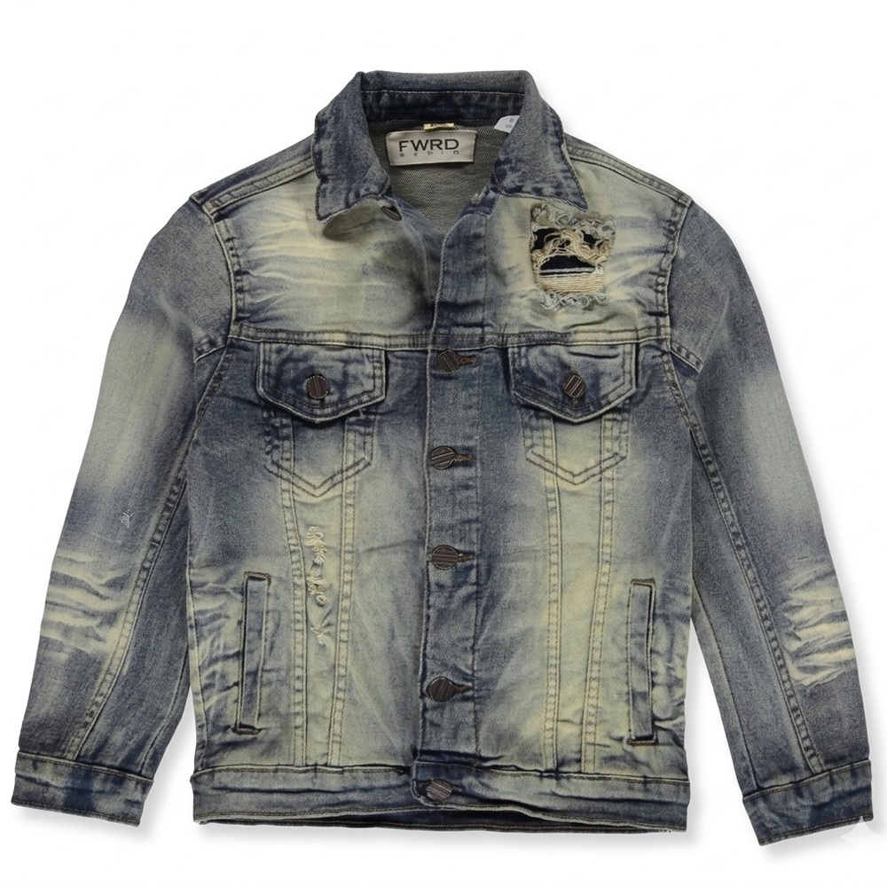 FWRD Boys Distressed Denim Trucker Jacket Size 4 Two Tone Stretch Denim